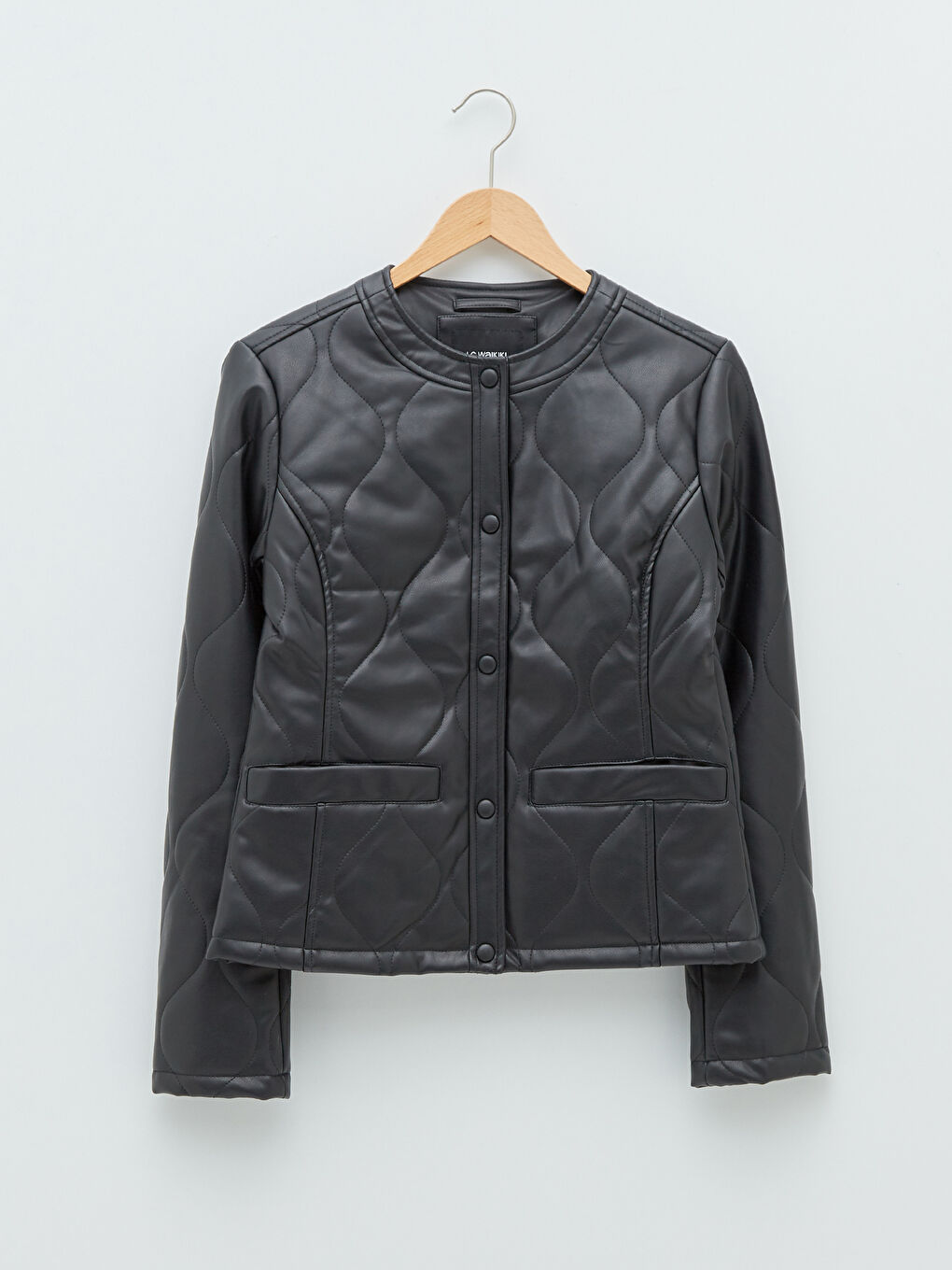 Geacă din piele ecologică cu model, guler rotund, mânecă lungă, slim pentru femei-5