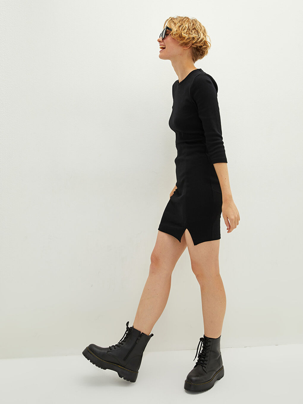 Crew Neck Straight Slit Detailed Women's Bodycon Dress