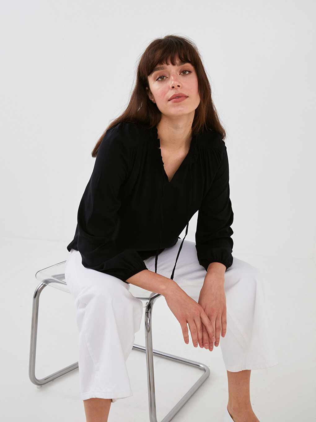 بلوزة ياقة مربوطة بكشكشة كم طويل فيسكوز للسيدات-1