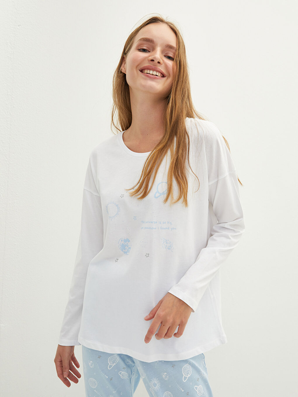 طقم بيجامة كم طويل ياقة دائرية مطبوع قطن للسيدات-2