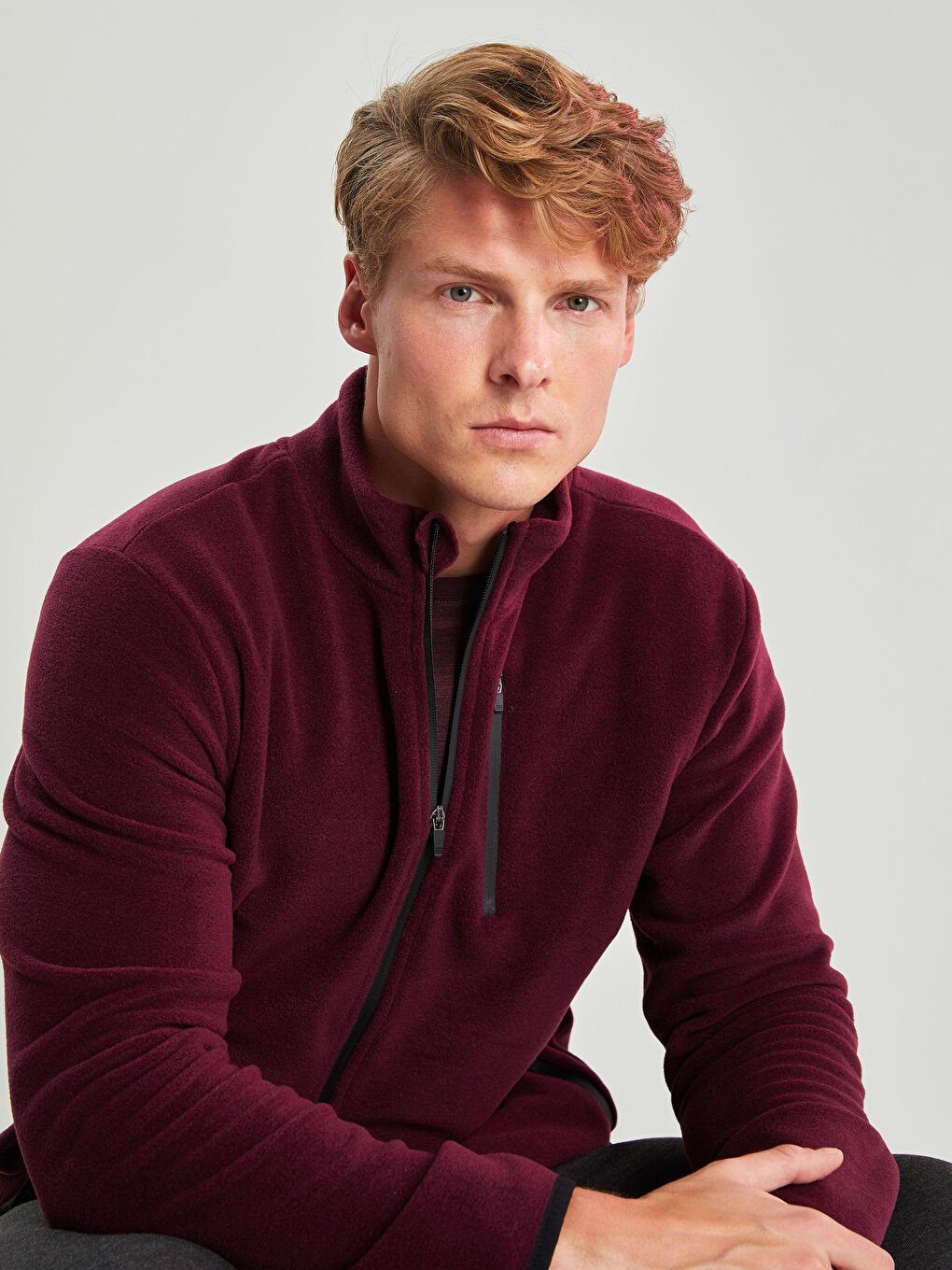 Mürdüm Standart Kalıp Dik Yaka Polar Erkek Spor Hırka