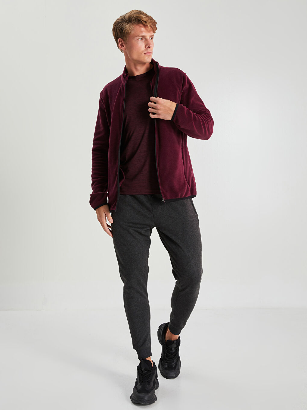 Mürdüm Standart Kalıp Dik Yaka Polar Erkek Spor Hırka-3