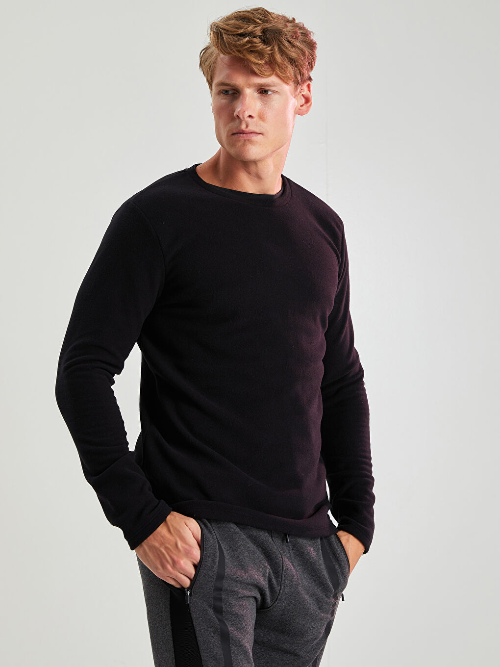 Siyah Bisiklet Yaka Uzun Kollu Polar Erkek Spor Tişört-2