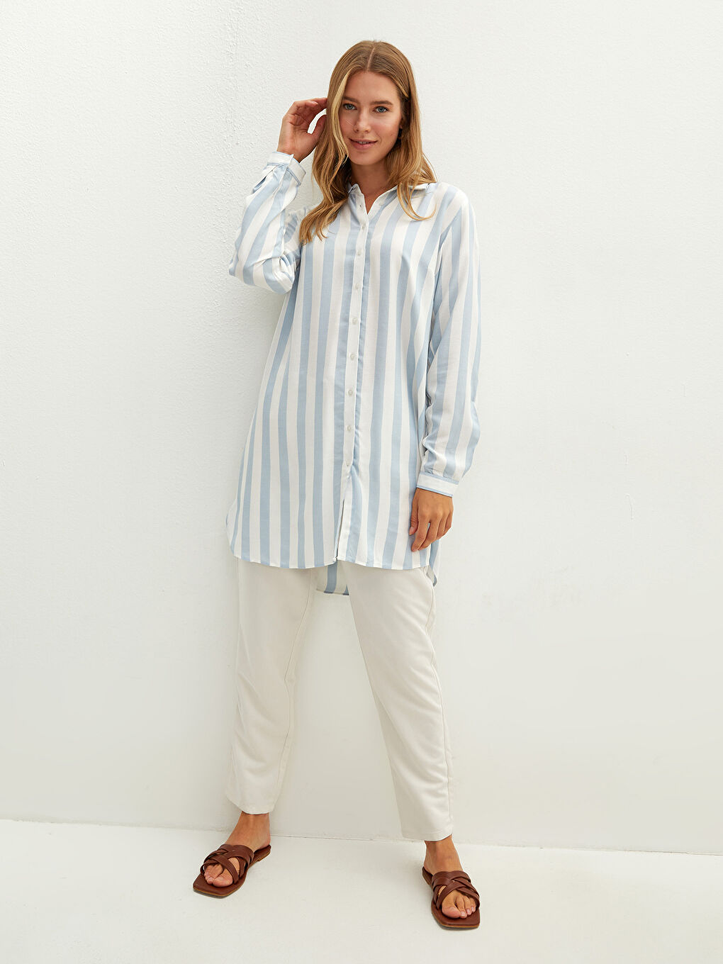 Раирана риза-туника с дълъг ръкав от вискоза за жени-3