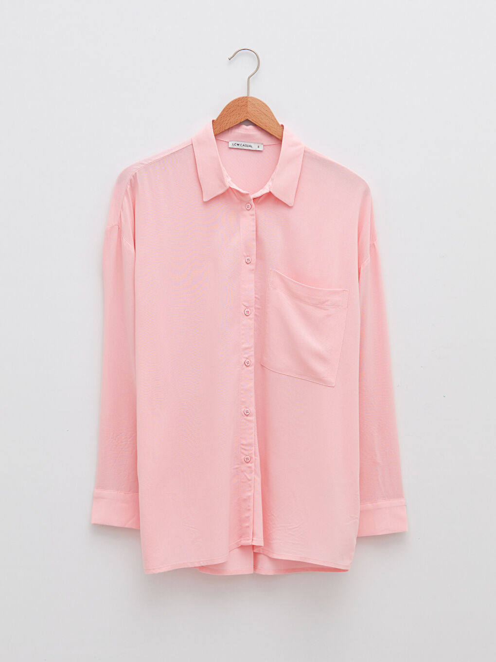 Pembe Önden Düğme Kapamalı Düz Uzun Kollu Kadın Gömlek-5