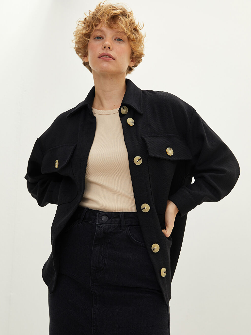 Plain Long Sleeve Women's Shirt Jacket-1