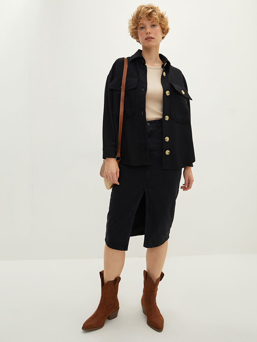Plain Long Sleeve Women's Shirt Jacket-3