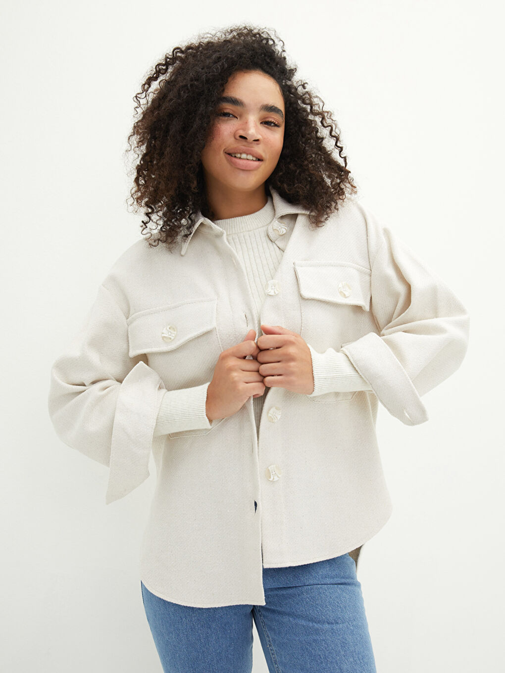 Schlichte Langarm Damen Hemdjacke-1