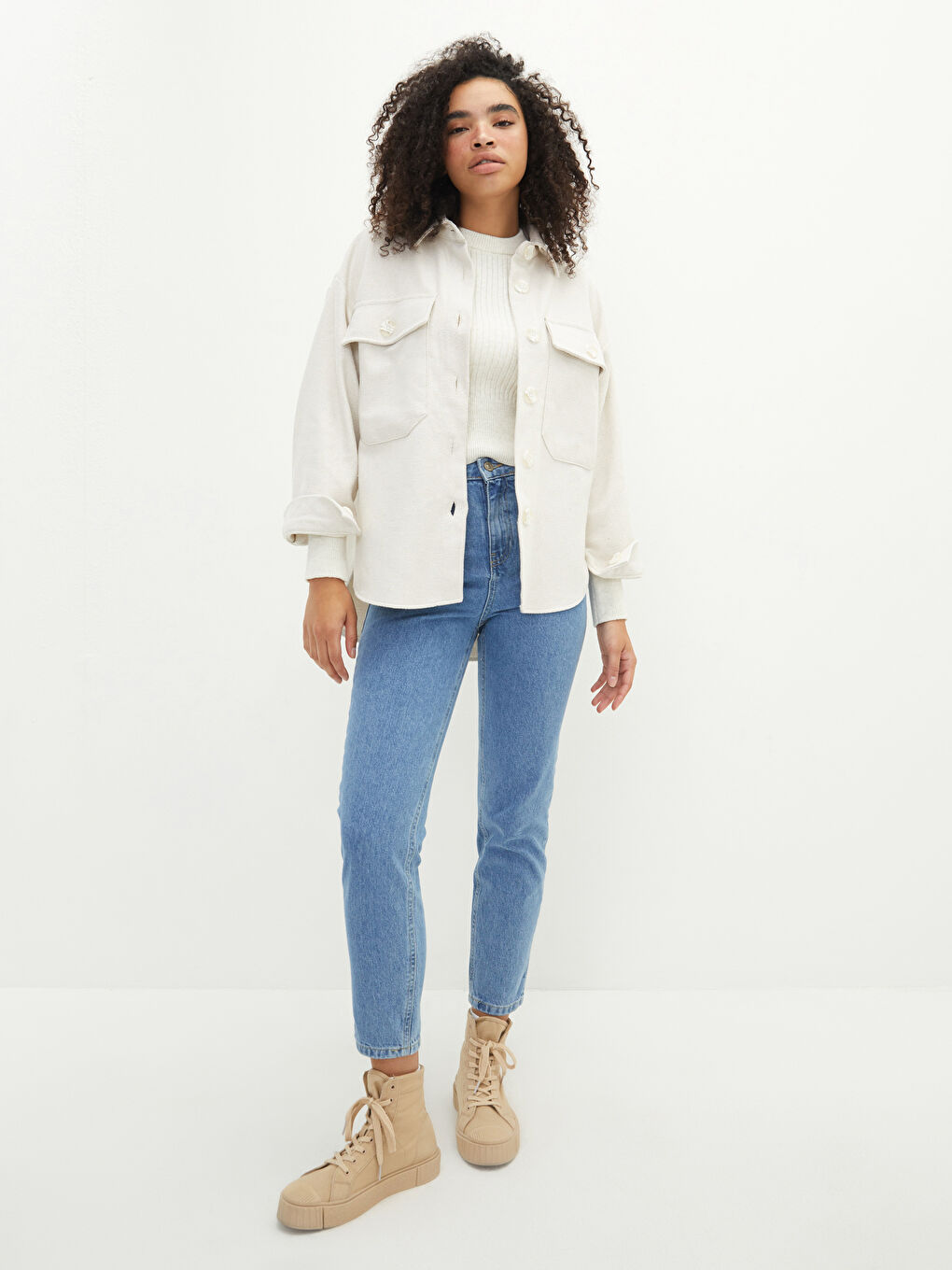 Schlichte Langarm Damen Hemdjacke-2