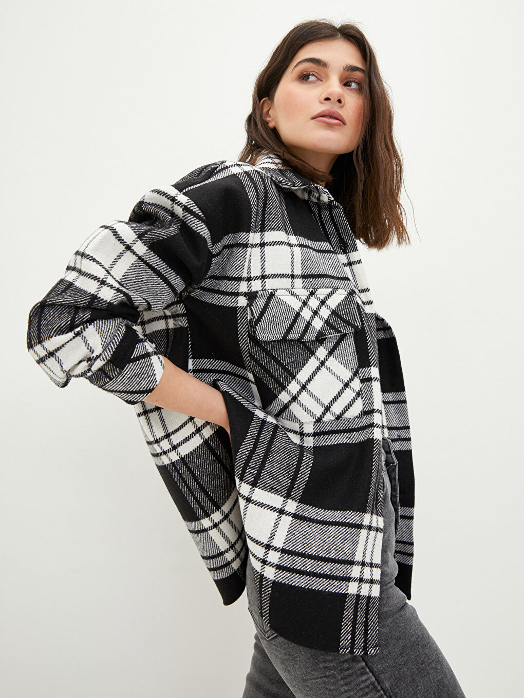 Button Front Plaid Long Sleeve Twill Fabric Women's Lumberjack Overshirt Jacket