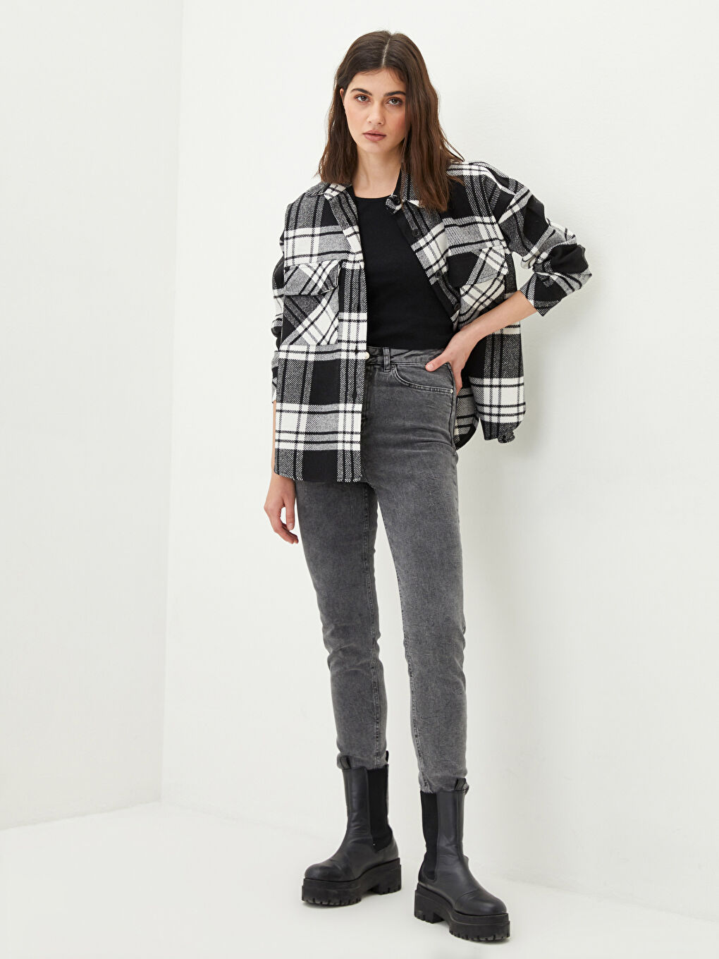 Button Front Plaid Long Sleeve Twill Fabric Women's Lumberjack Overshirt Jacket-1