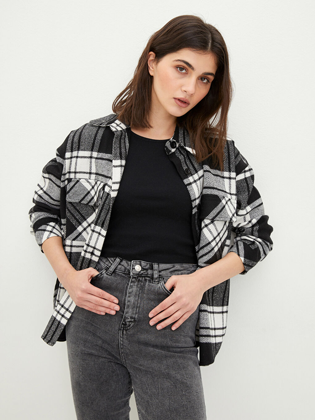 Button Front Plaid Long Sleeve Twill Fabric Women's Lumberjack Overshirt Jacket-2