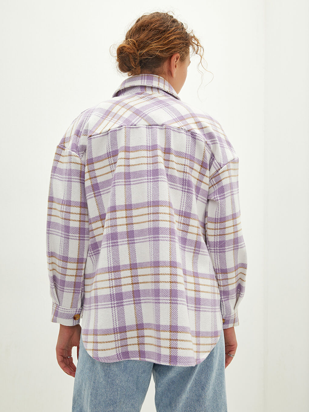 Front Button Closure Plaid Long Sleeve Gabardine Fabric Women's Flannel Shirt Jacket-4