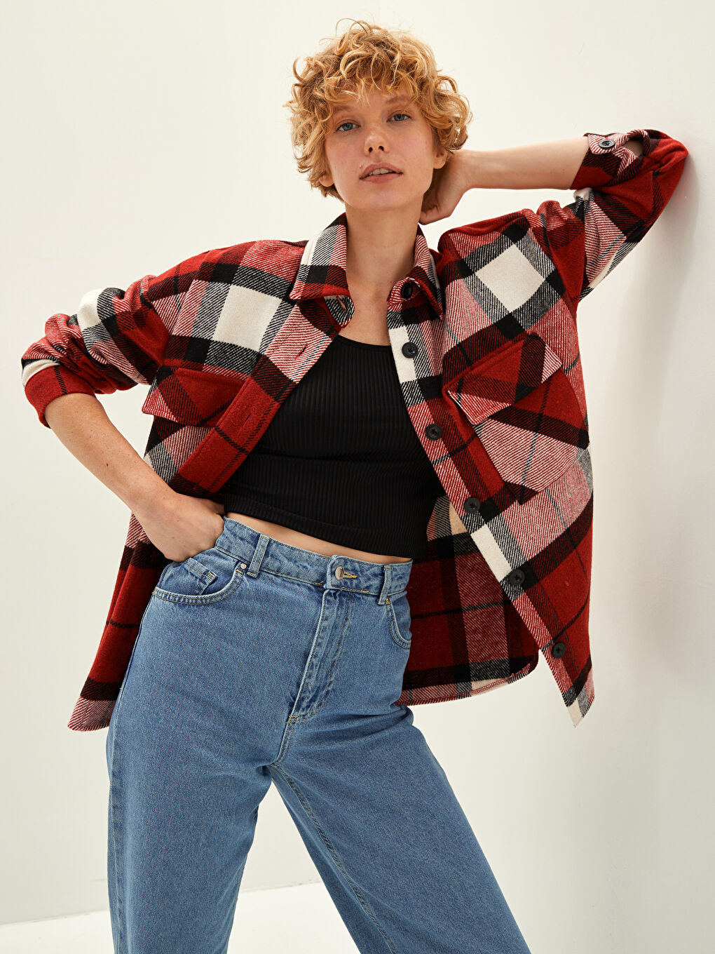 LCW Vision Front Button Closure Plaid Long Sleeve Gabardine Fabric Women's Lumberjack Shirt Jacket -W1AS13Z8-LPA