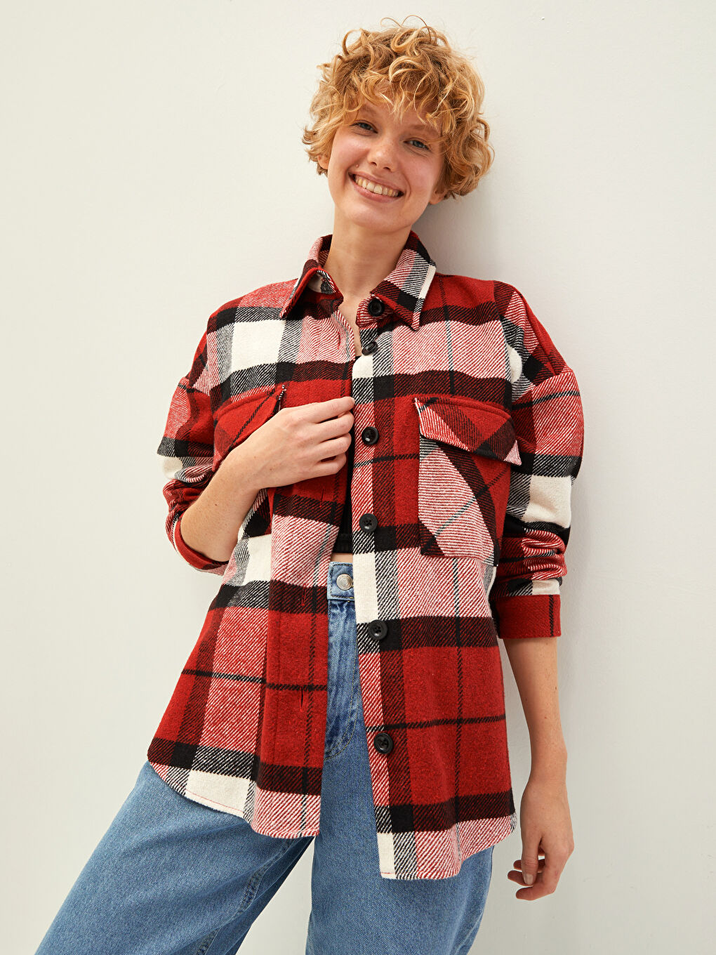 LCW Vision Front Button Closure Plaid Long Sleeve Gabardine Fabric Women's Lumberjack Shirt Jacket -W1AS13Z8-LPA