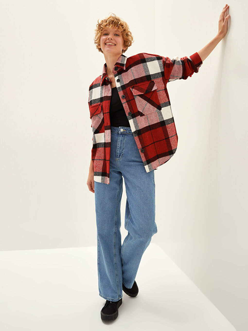 LCW Vision Front Button Closure Plaid Long Sleeve Gabardine Fabric Women's Lumberjack Shirt Jacket -W1AS13Z8-LPA
