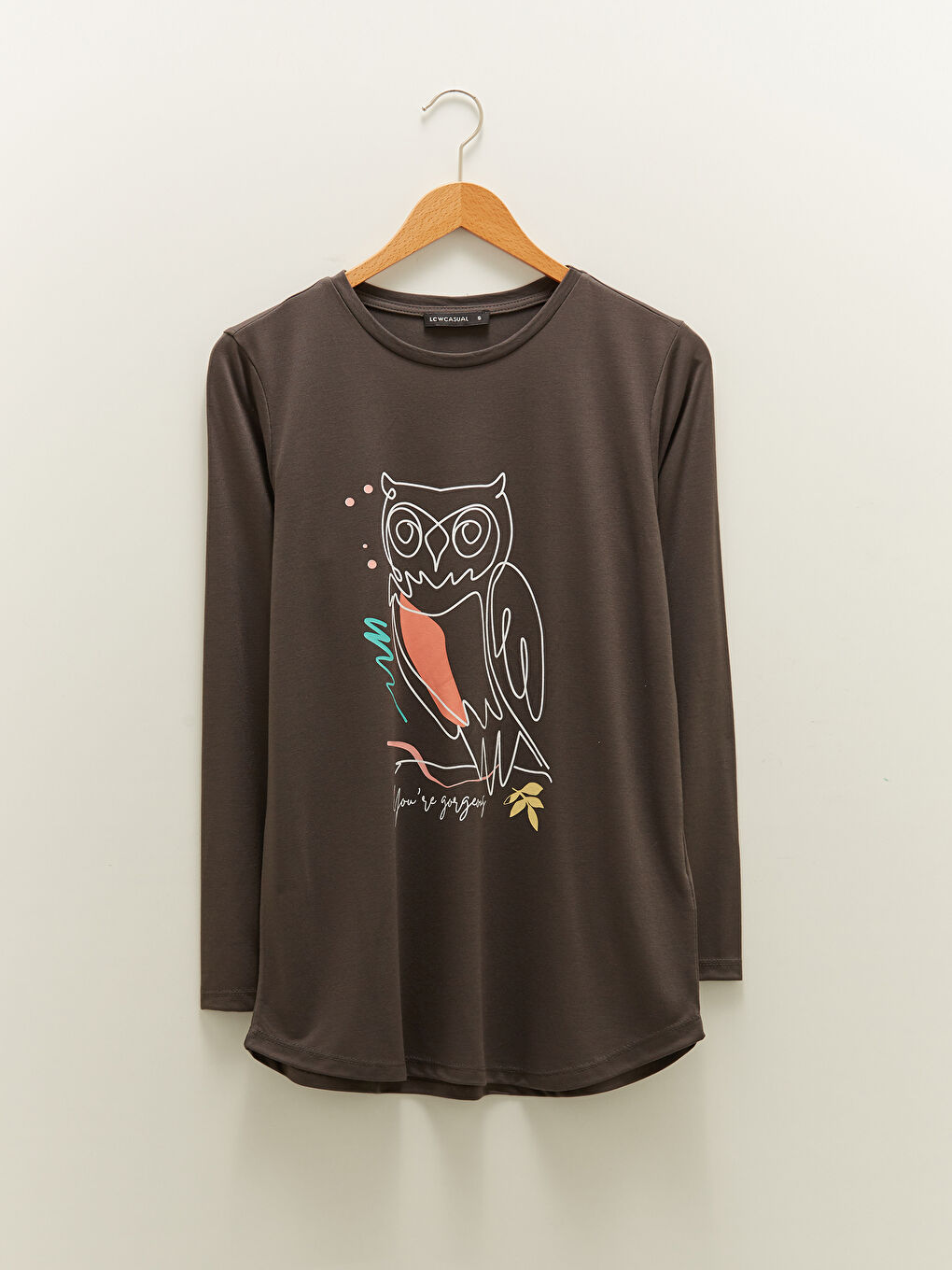 Antrasit Bisiklet Yaka Baskılı Uzun Kollu Kadın Tişört-5