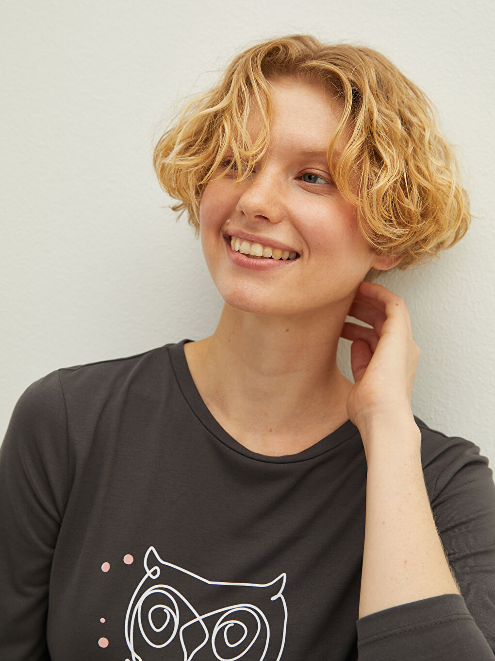 Antrasit Bisiklet Yaka Baskılı Uzun Kollu Kadın Tişört-3