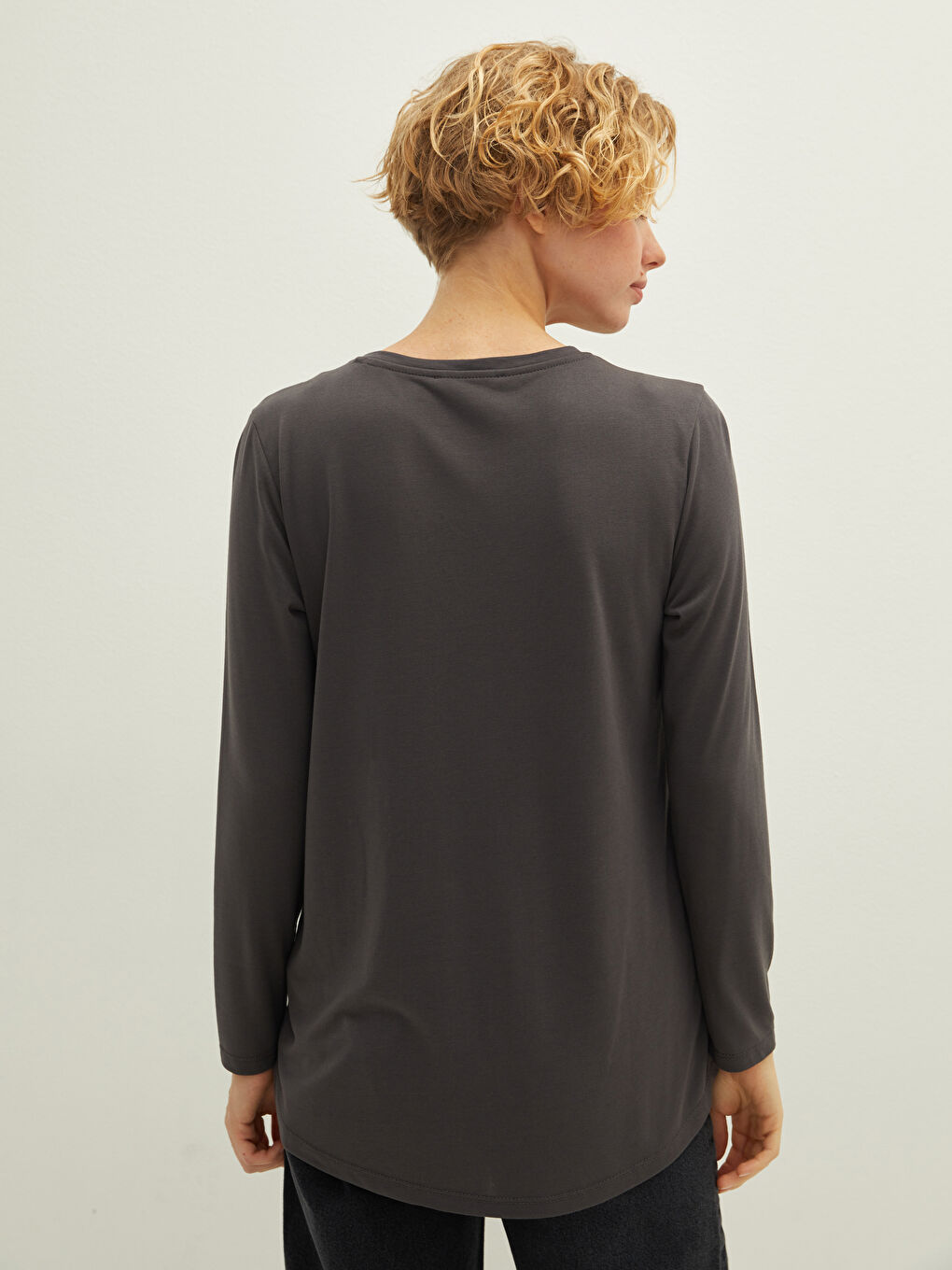 Antrasit Bisiklet Yaka Baskılı Uzun Kollu Kadın Tişört-4