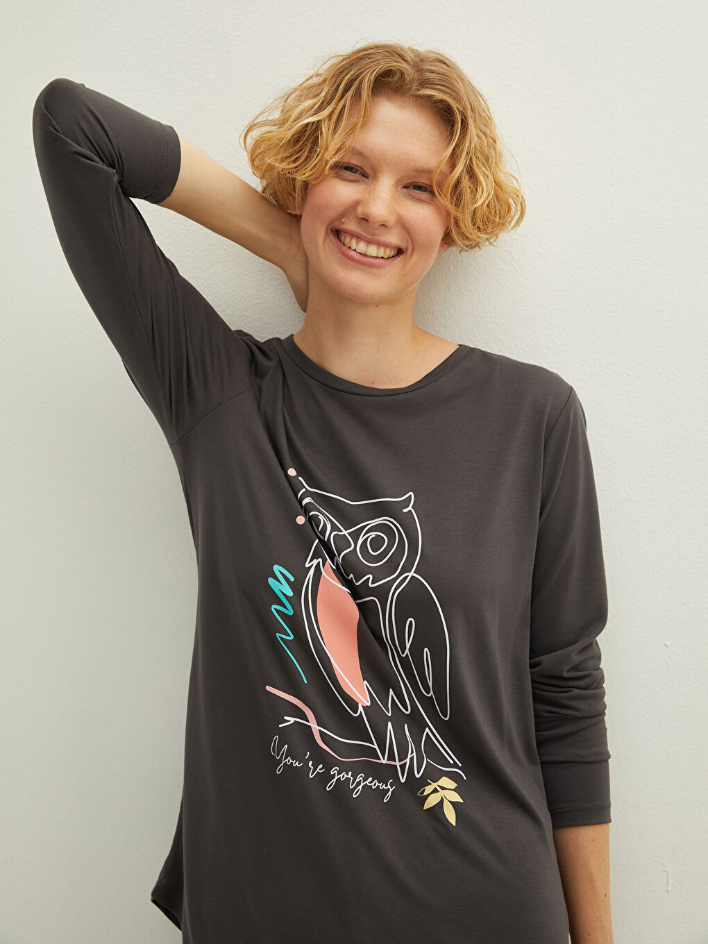 Antrasit Bisiklet Yaka Baskılı Uzun Kollu Kadın Tişört