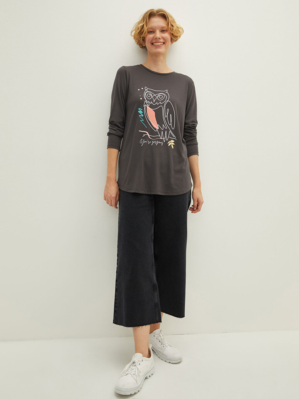 Antrasit Bisiklet Yaka Baskılı Uzun Kollu Kadın Tişört-1