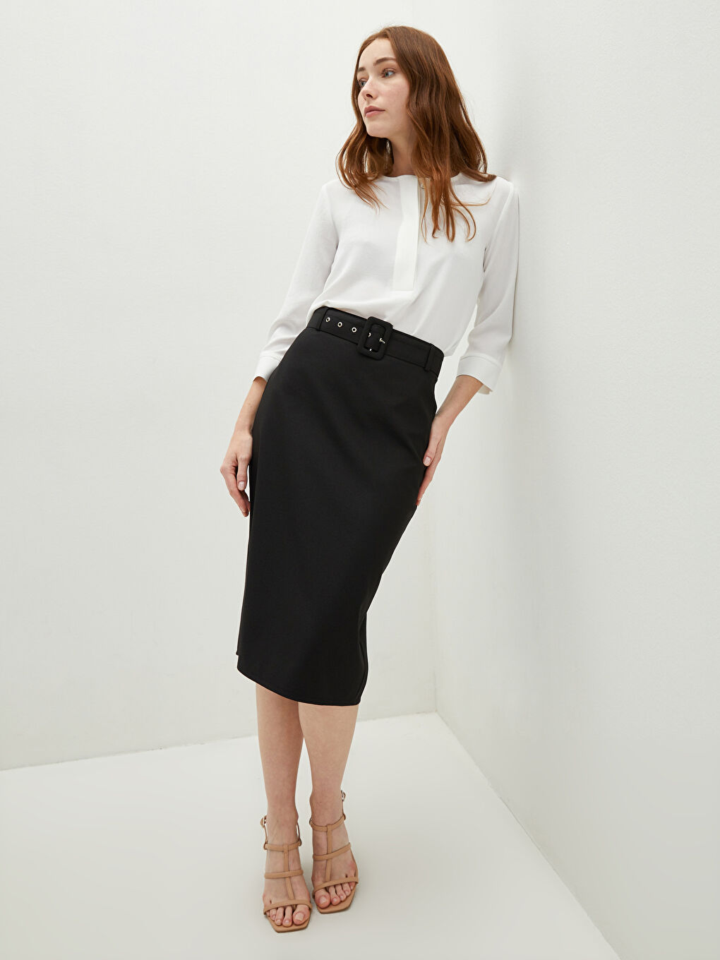 High Waist Belt Detailed Women Pencil Skirt