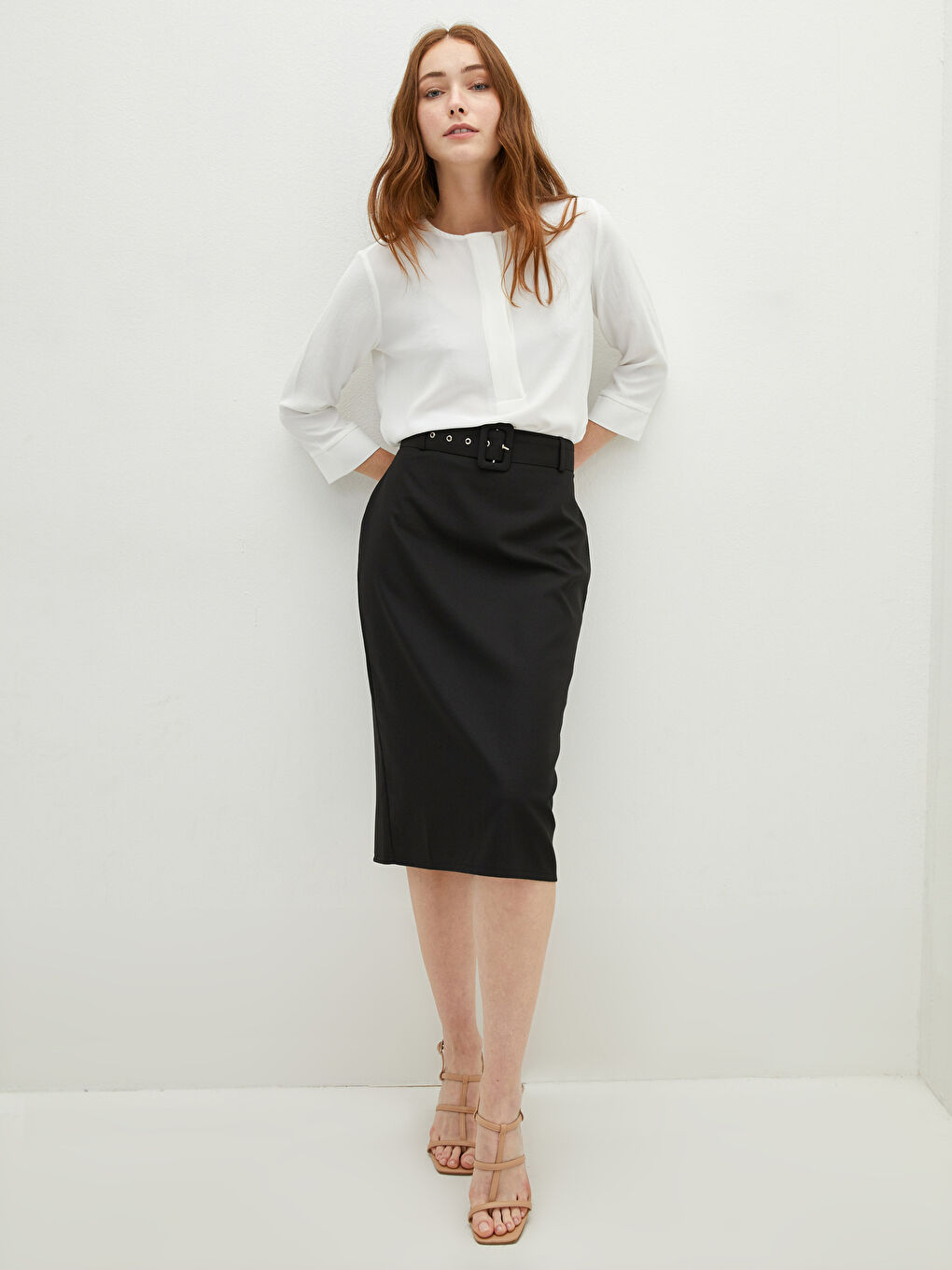 High Waist Belt Detailed Women Pencil Skirt-1