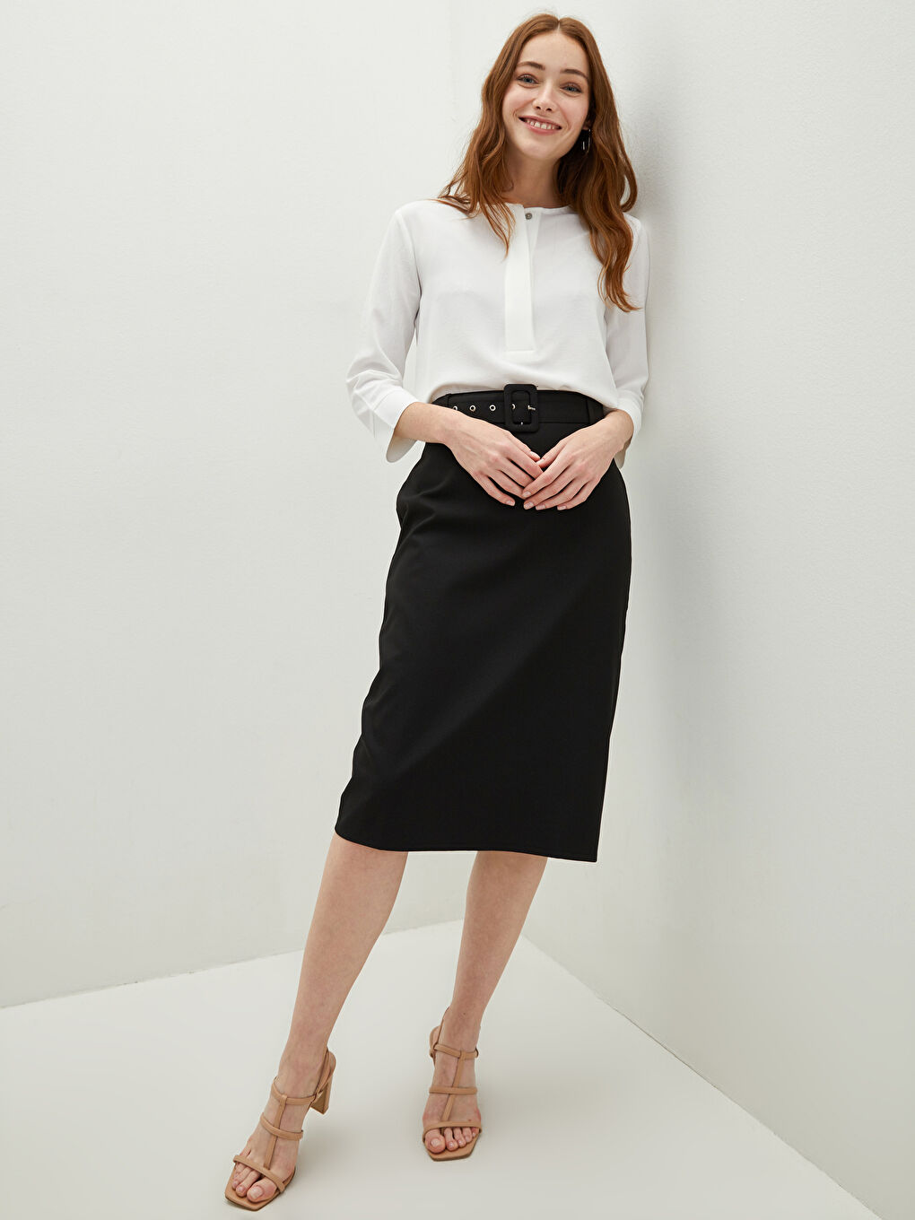 High Waist Belt Detailed Women Pencil Skirt-2