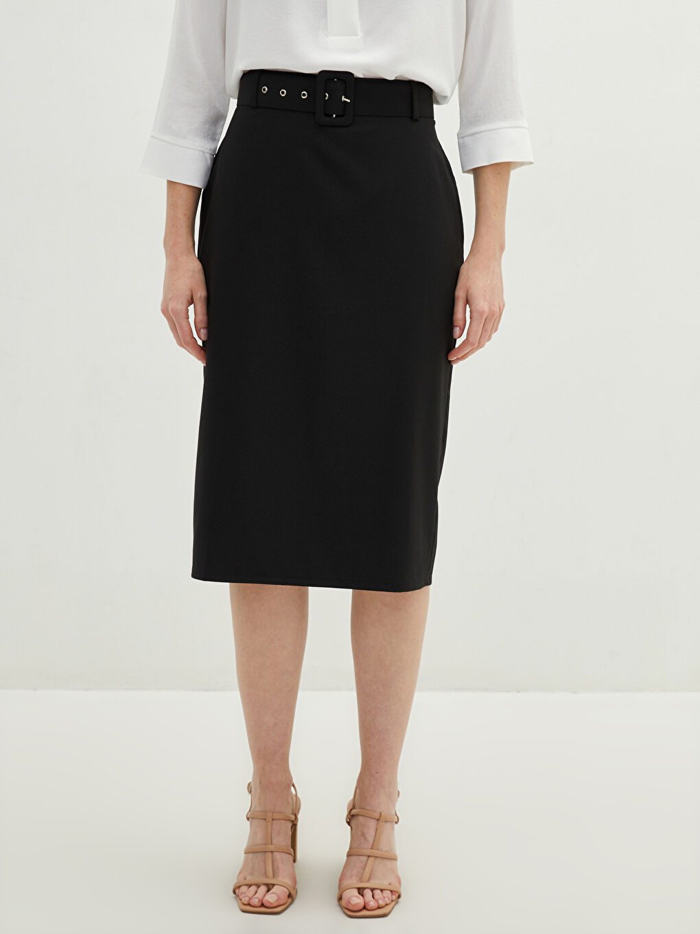 High Waist Belt Detailed Women Pencil Skirt-3