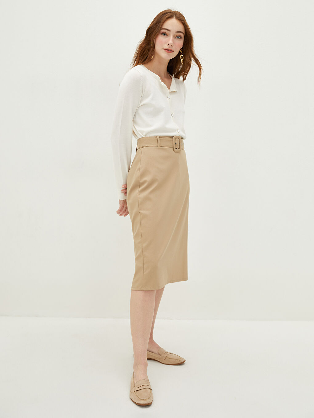 LCWAIKIKI Classic High Waist Belt Detailed Women Pencil Skirt -W1AT25Z8-GL4