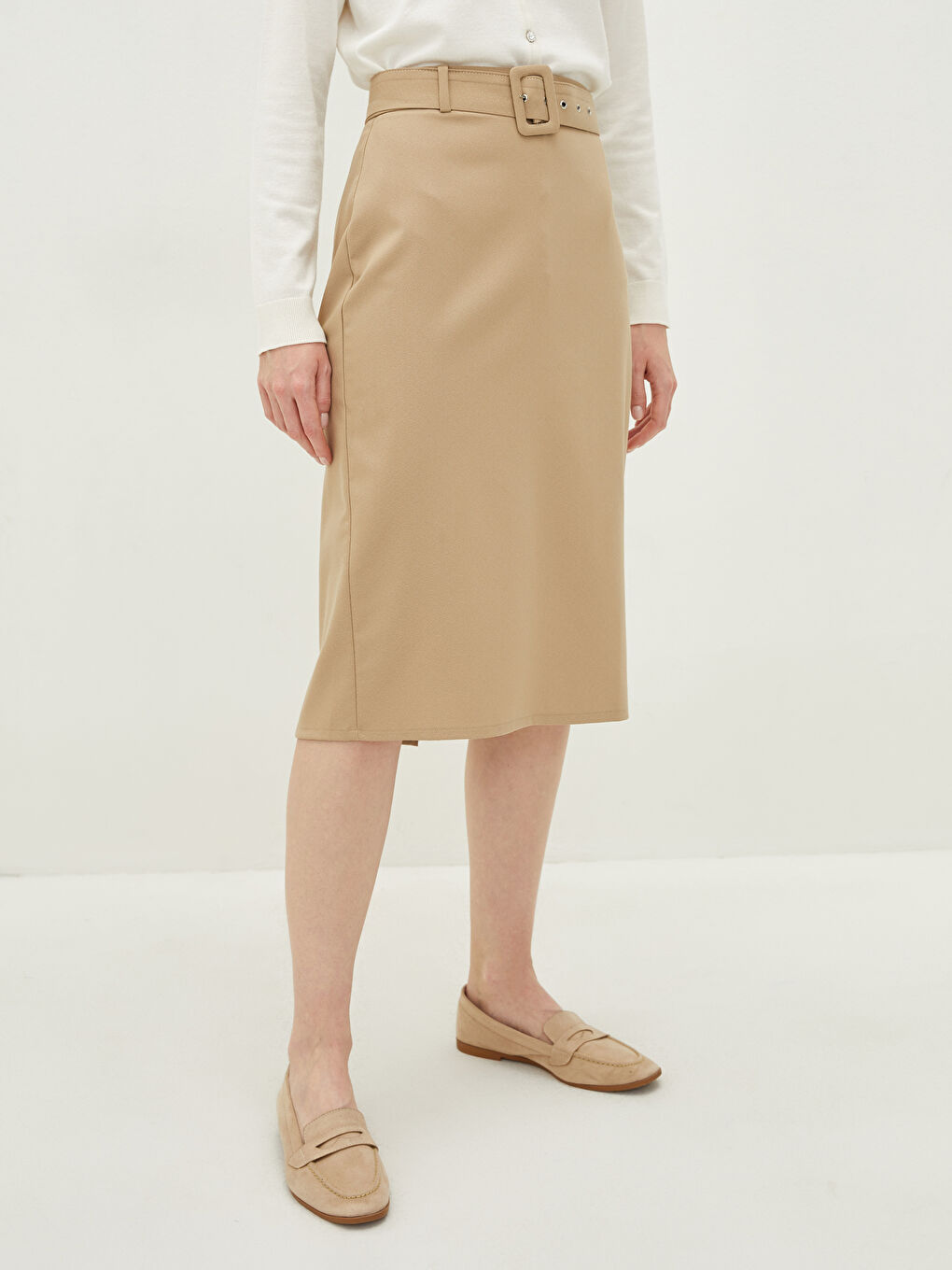 LCWAIKIKI Classic High Waist Belt Detailed Women Pencil Skirt -W1AT25Z8-GL4