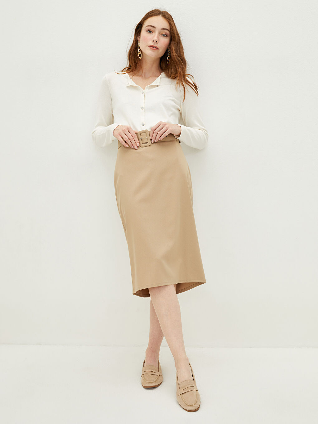 LCWAIKIKI Classic High Waist Belt Detailed Women Pencil Skirt -W1AT25Z8-GL4
