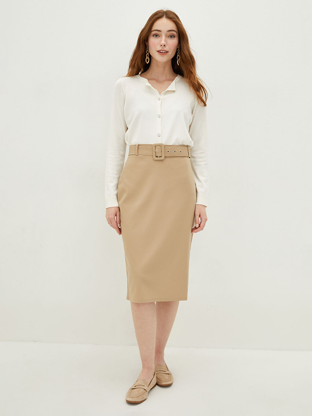 LCWAIKIKI Classic High Waist Belt Detailed Women Pencil Skirt -W1AT25Z8-GL4