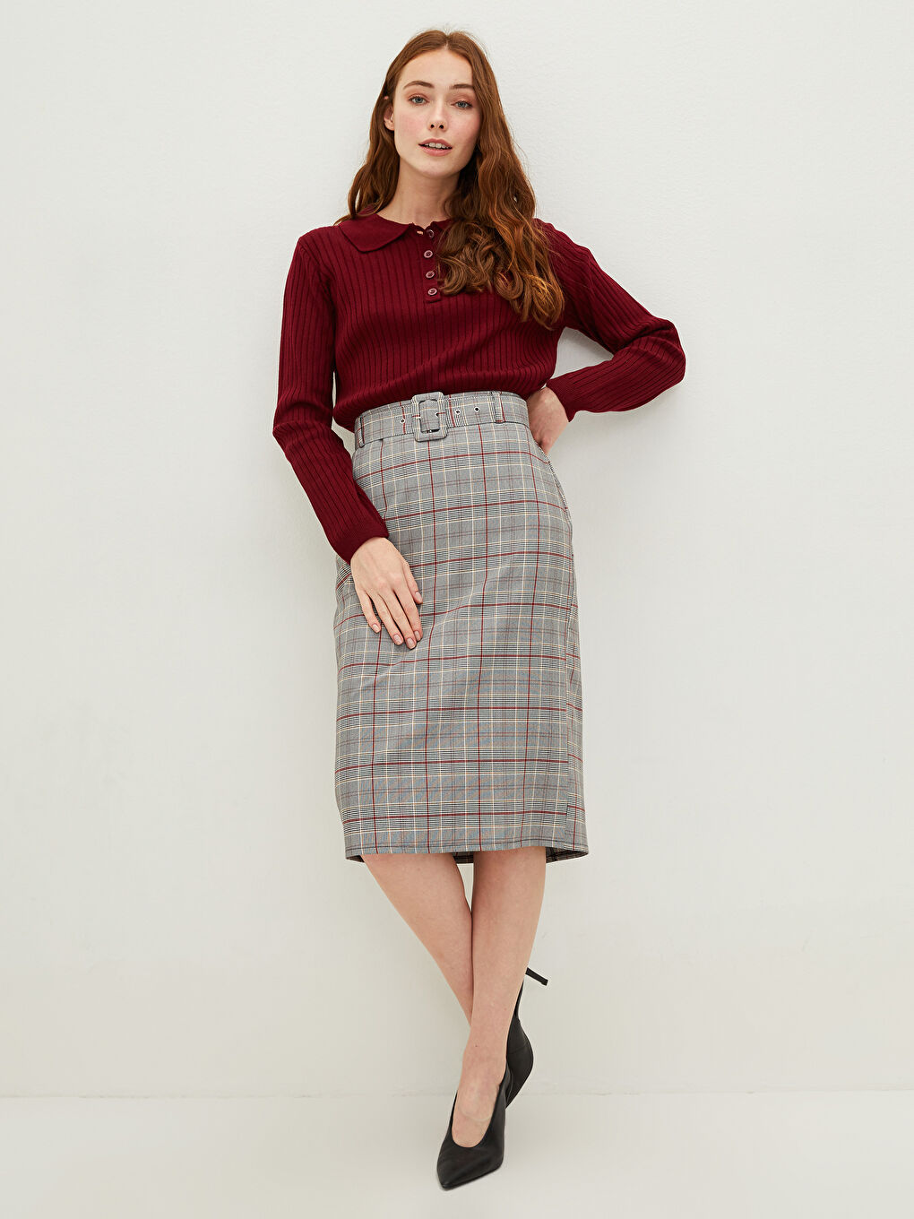 LCWAIKIKI Classic Waist Belt Plaid Women's Skirt -W1AT26Z8-LPA