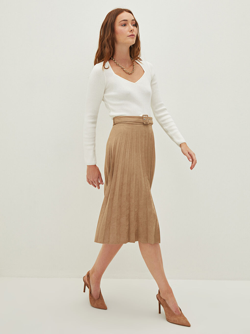 Bej Beli Kemerli Süet Kadın Pileli Etek-1