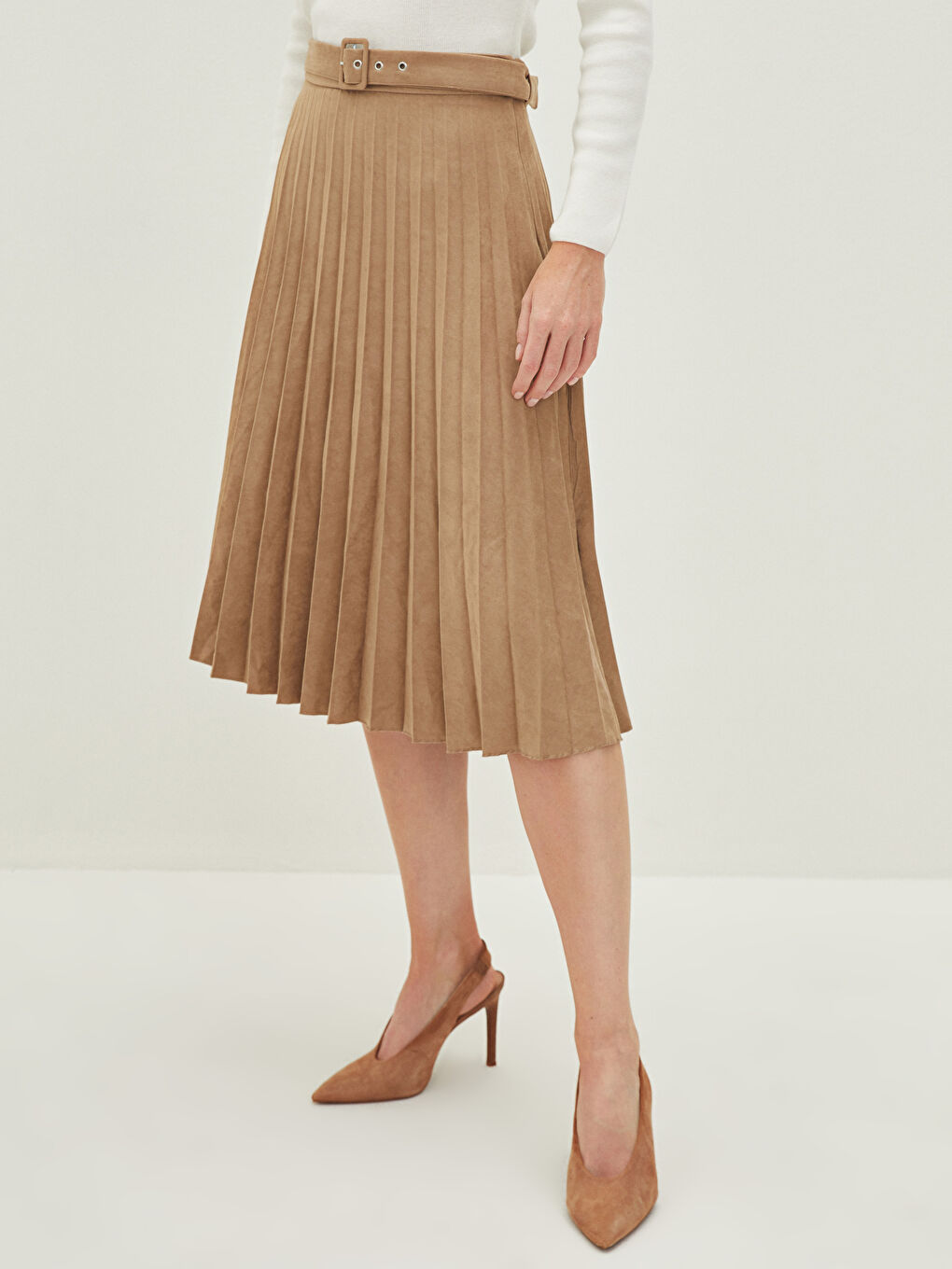 Bej Beli Kemerli Süet Kadın Pileli Etek-2