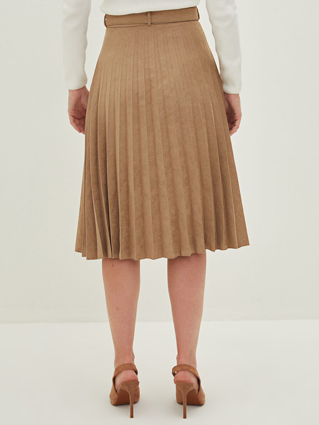 Bej Beli Kemerli Süet Kadın Pileli Etek-3