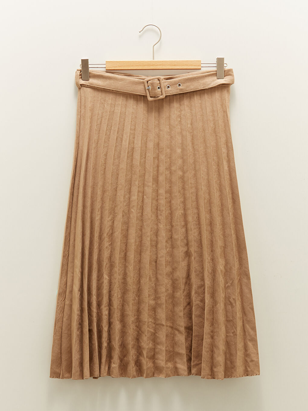 Bej Beli Kemerli Süet Kadın Pileli Etek-4