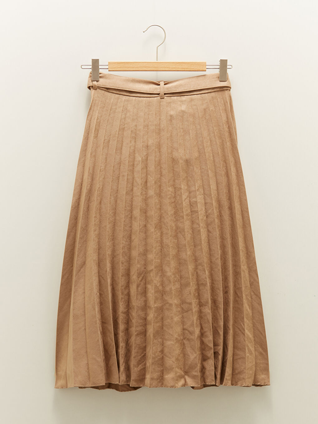 Bej Beli Kemerli Süet Kadın Pileli Etek-5