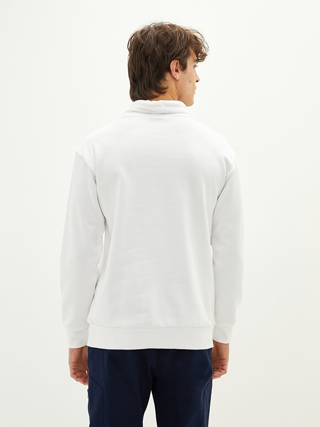 Ekru Keşiş Yaka Uzun Kollu Baskılı Erkek Kalın Sweatshirt-4