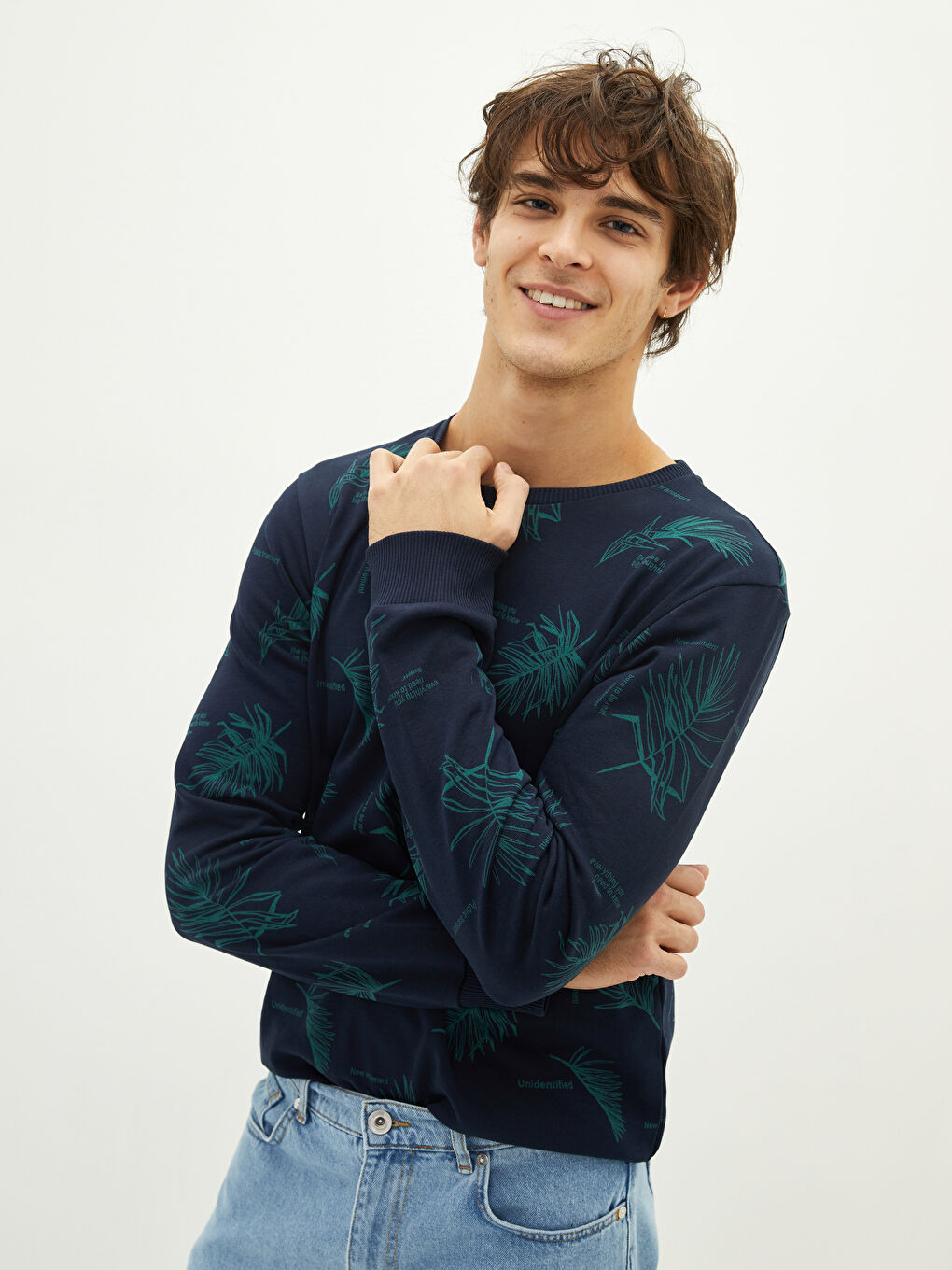 Lacivert Bisiklet Yaka Uzun Kollu Baskılı Kalın Erkek Sweatshirt