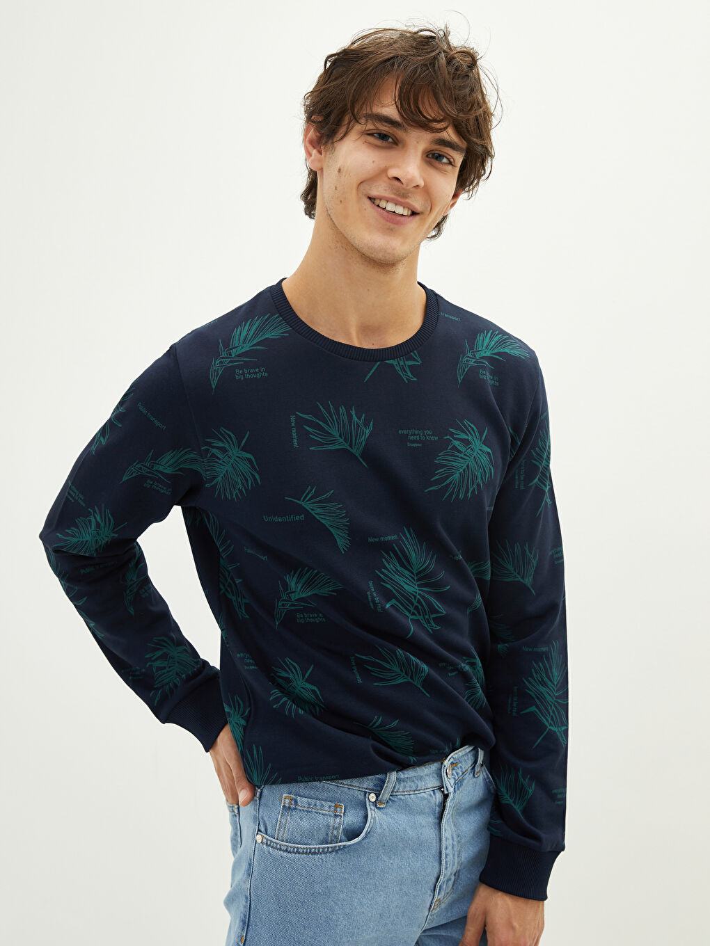 Lacivert Bisiklet Yaka Uzun Kollu Baskılı Kalın Erkek Sweatshirt-1