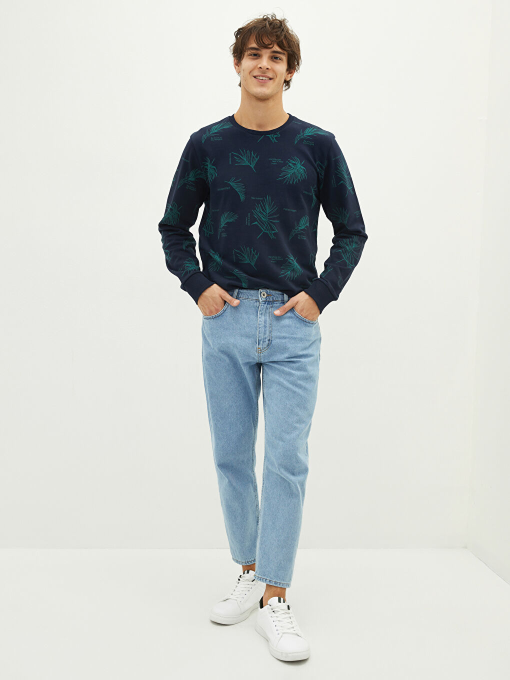 Lacivert Bisiklet Yaka Uzun Kollu Baskılı Kalın Erkek Sweatshirt-2