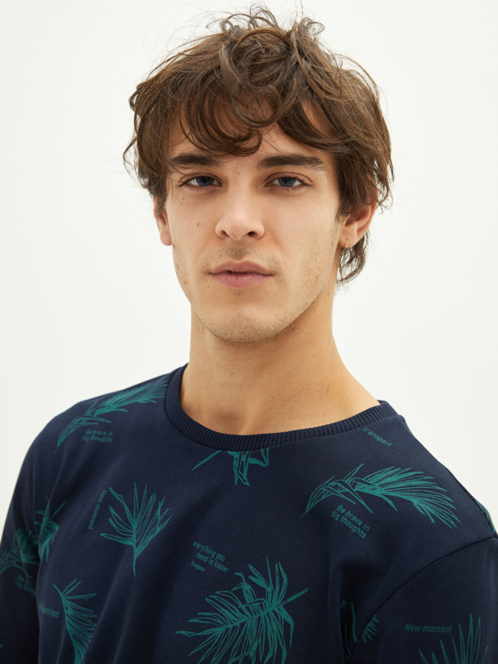 Lacivert Bisiklet Yaka Uzun Kollu Baskılı Kalın Erkek Sweatshirt-3