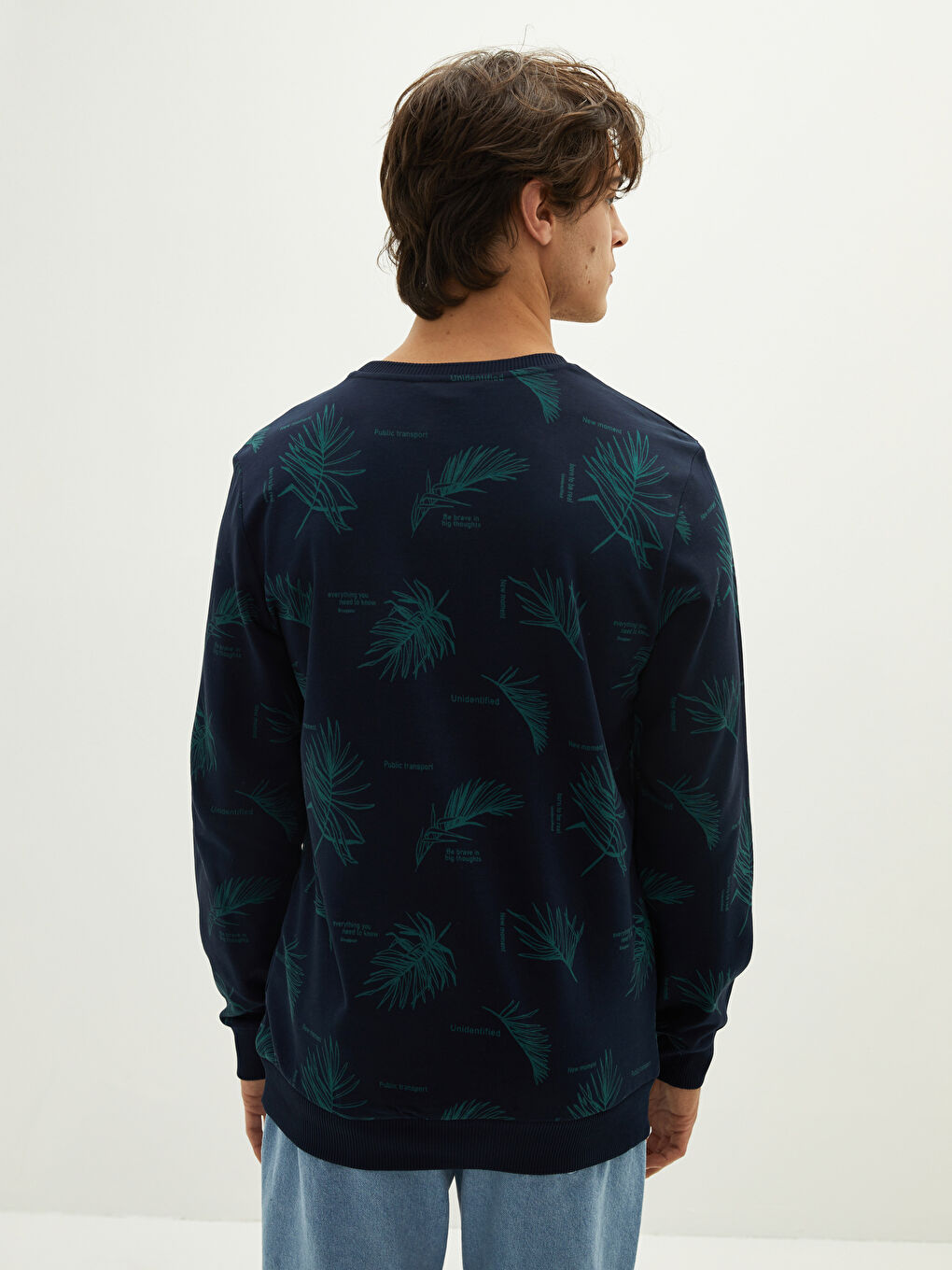 Lacivert Bisiklet Yaka Uzun Kollu Baskılı Kalın Erkek Sweatshirt-4