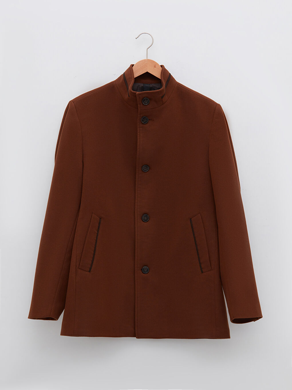 Kahverengi Standart Kalıp Dik Yaka Erkek Kaşe Kaban-5