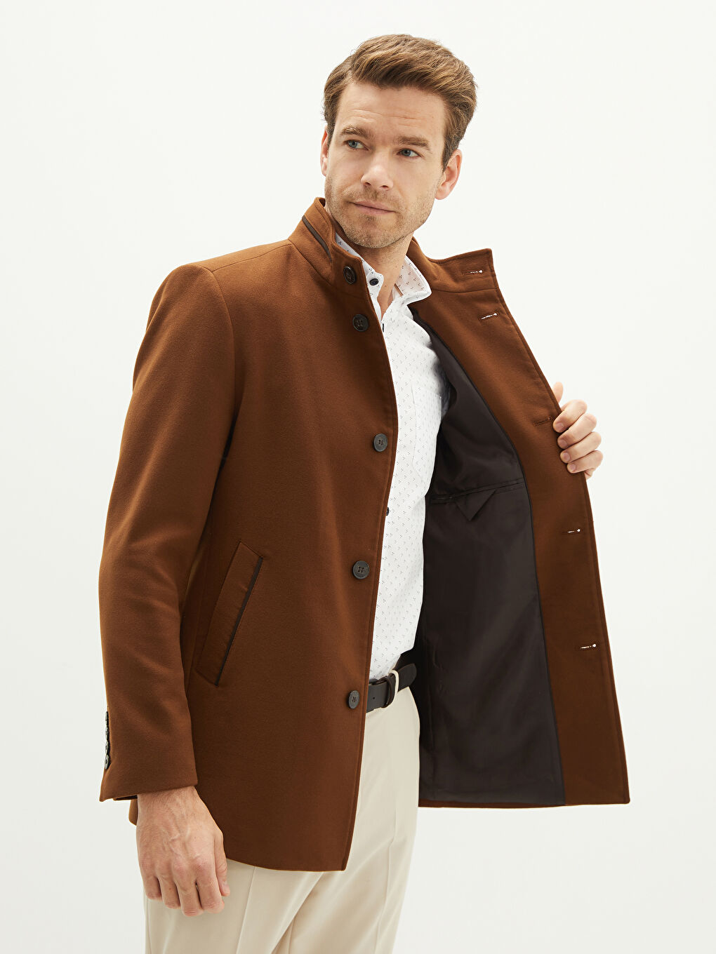 Kahverengi Standart Kalıp Dik Yaka Erkek Kaşe Kaban-1