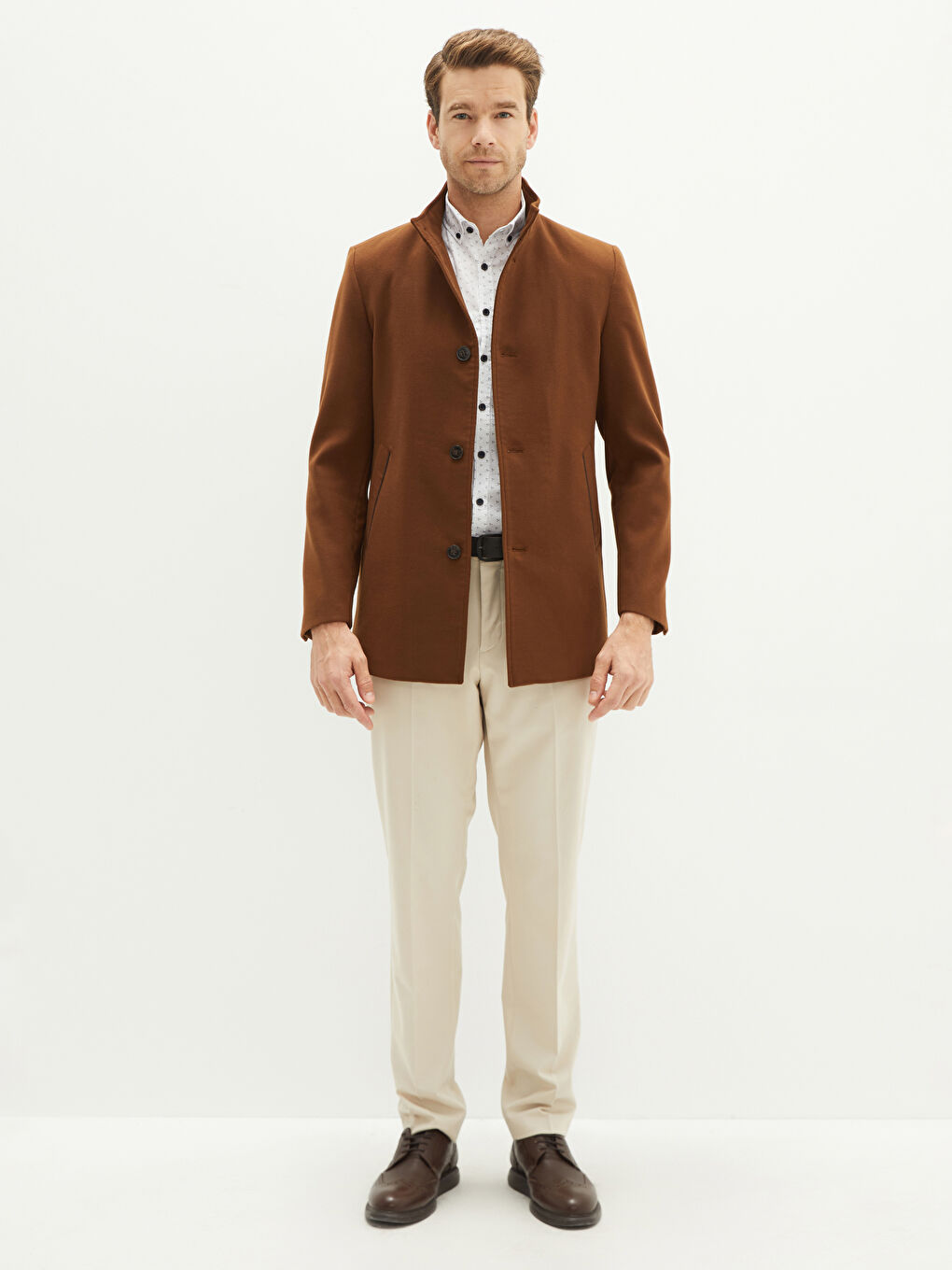 Kahverengi Standart Kalıp Dik Yaka Erkek Kaşe Kaban-2