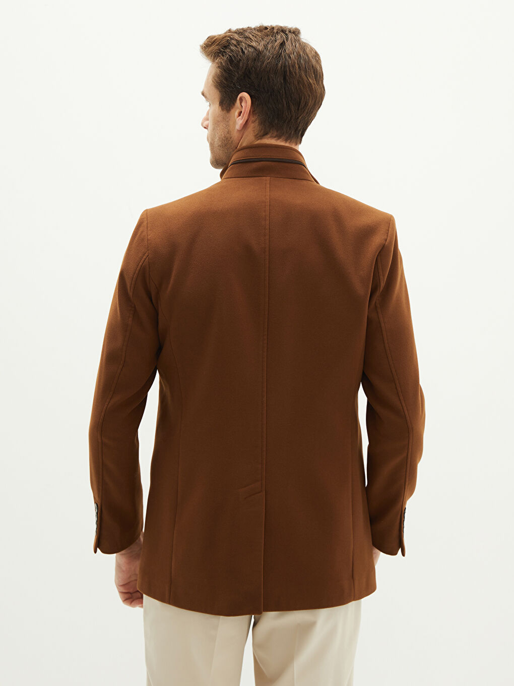 Kahverengi Standart Kalıp Dik Yaka Erkek Kaşe Kaban-4