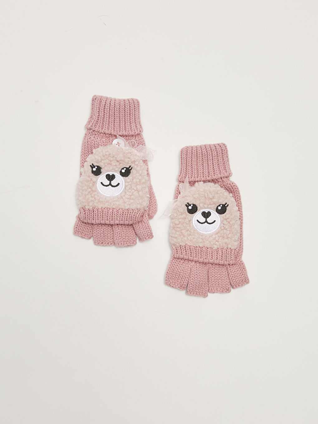 Pembe Kız Çocuk Triko Nakışlı Kapaklı Eldiven